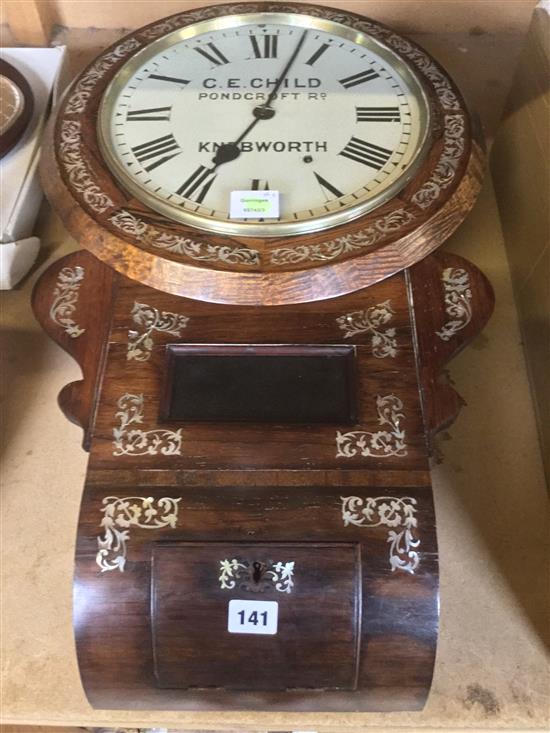 Victorian rosewood and cut mother of pearl drop dial wall clock, American movement